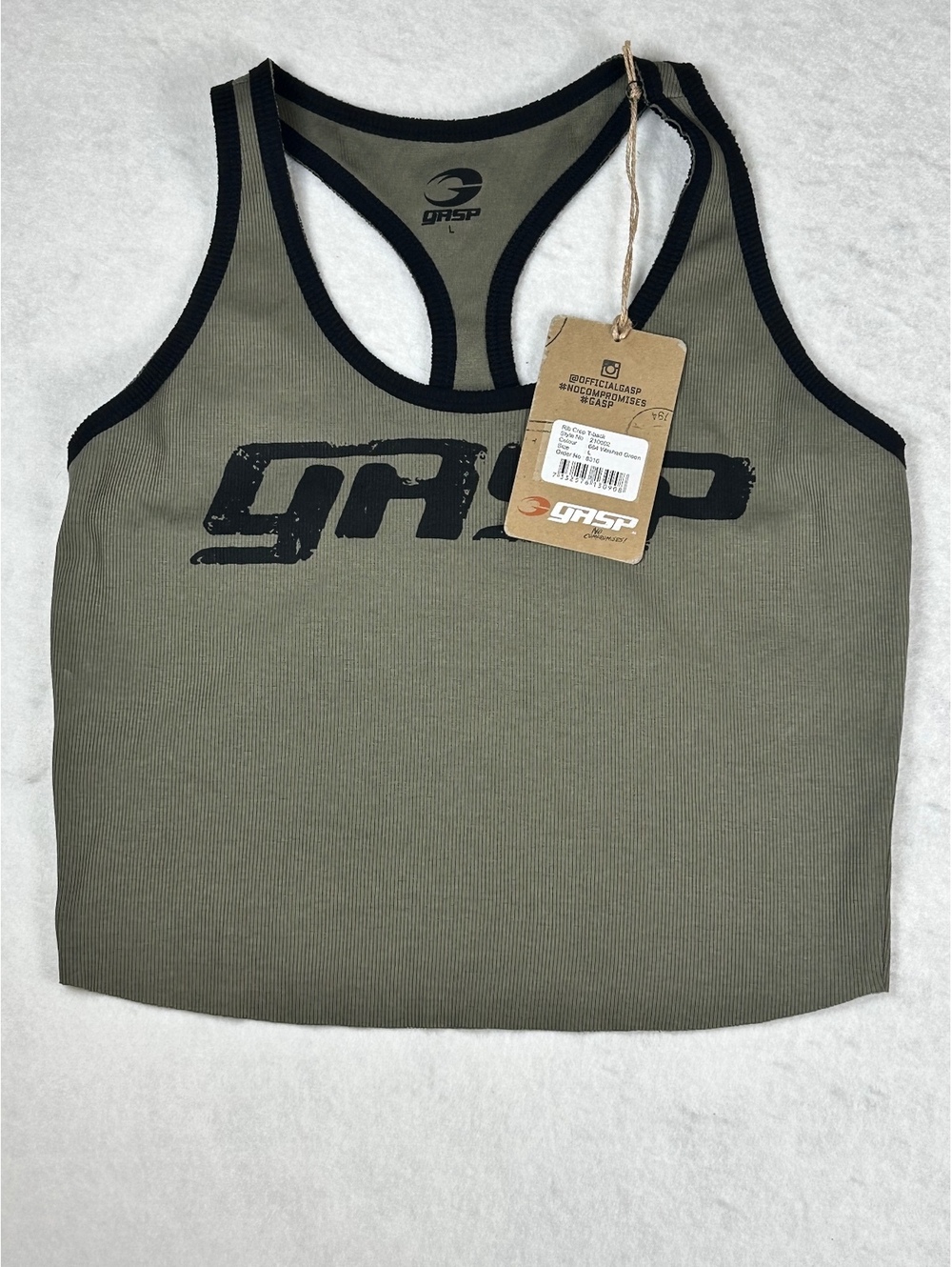 GASP Rib Crop T-back Tank Top in Washed Green, Size Large